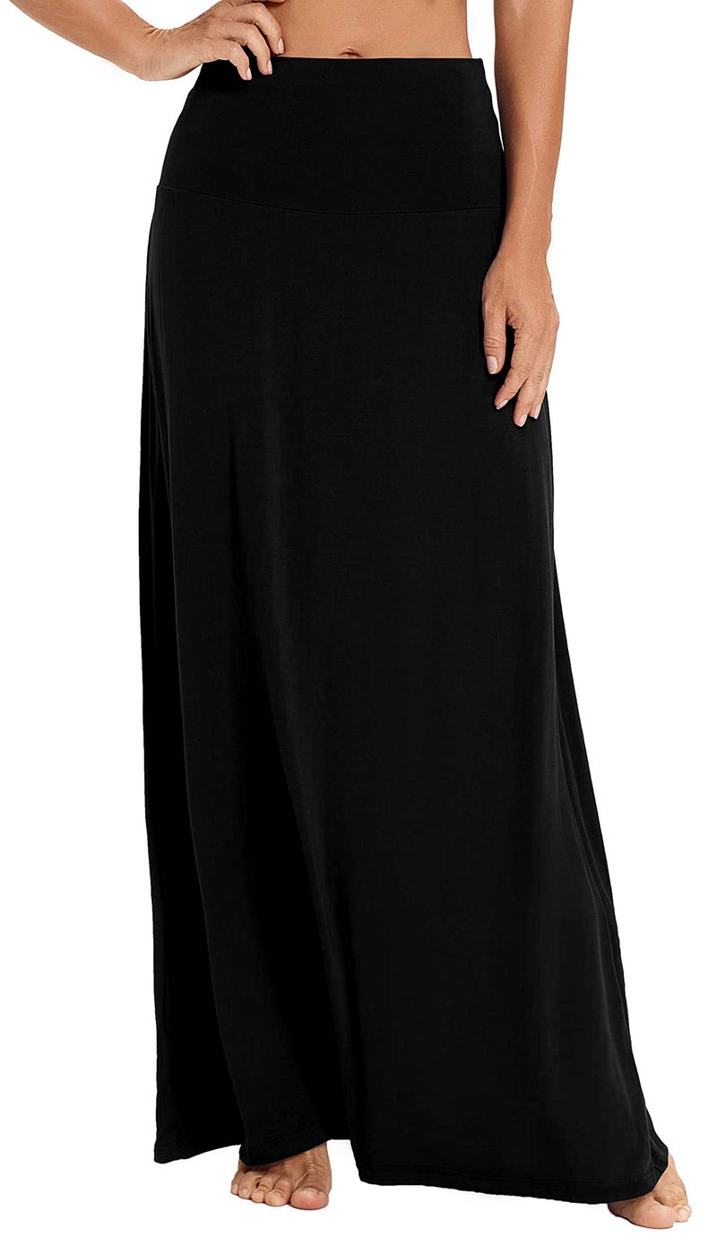 EXCHIC Women's Boho Flod Over Long Maxi Skirt Elastic High Waisted Long Skirts for Women (Black, Small) - Image 1